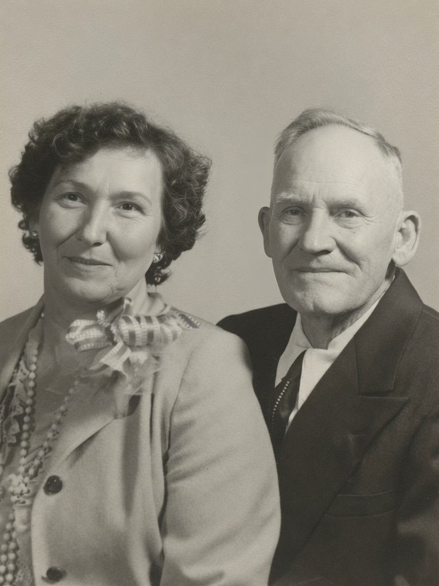 A black-and-white studio portrait of an older couple, the woman wearing pearls and the man in a dark suit